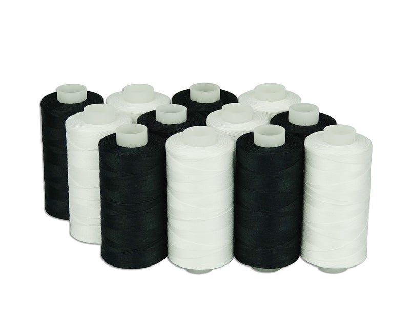 Simthread 6 White 6 Black 100% Cotton Sewing Thread 50s/3 for Quilting etc - 550 Yards Each - Image 1